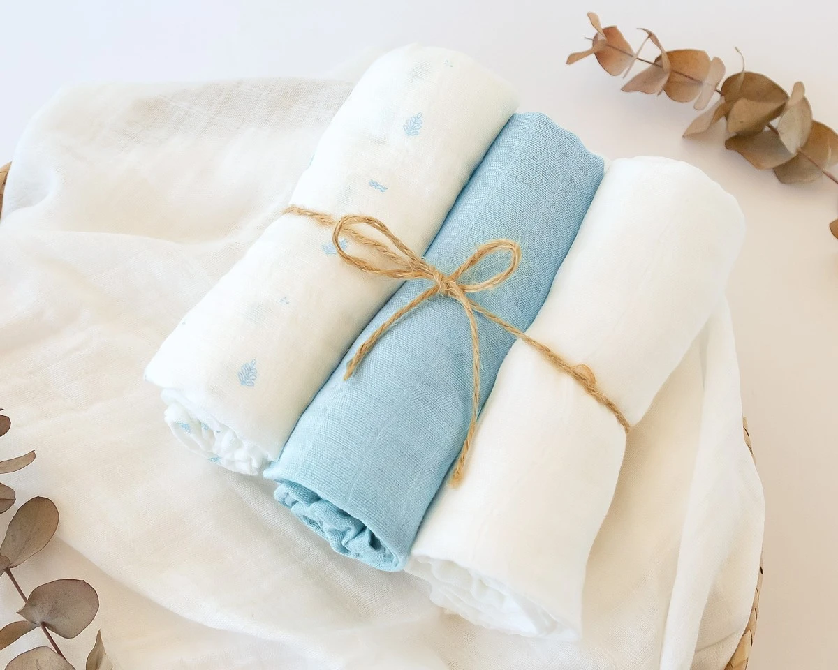 Set 3 Muselinas 70x70 cm Bambu Bebe Celeste y Blanco
