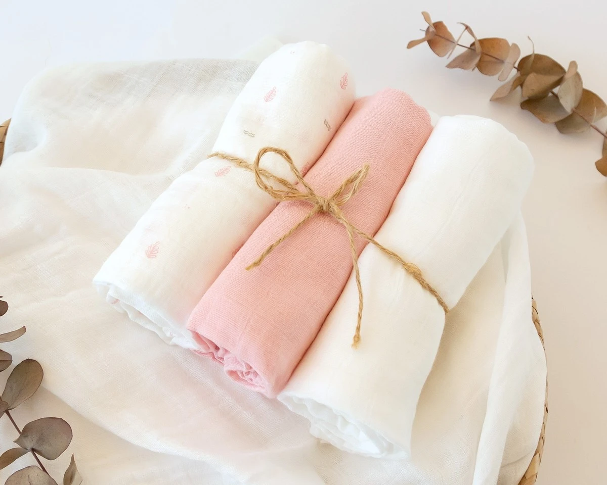 Set 3 Muselinas 70x70 cm Bambu Bebe Rosa y Blanco